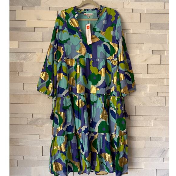 JUDE CONNALLY NWT Monaco Tiered Midi Dress w/Tasseled Cuffs S Blue Purple Gold - Picture 2 of 10
